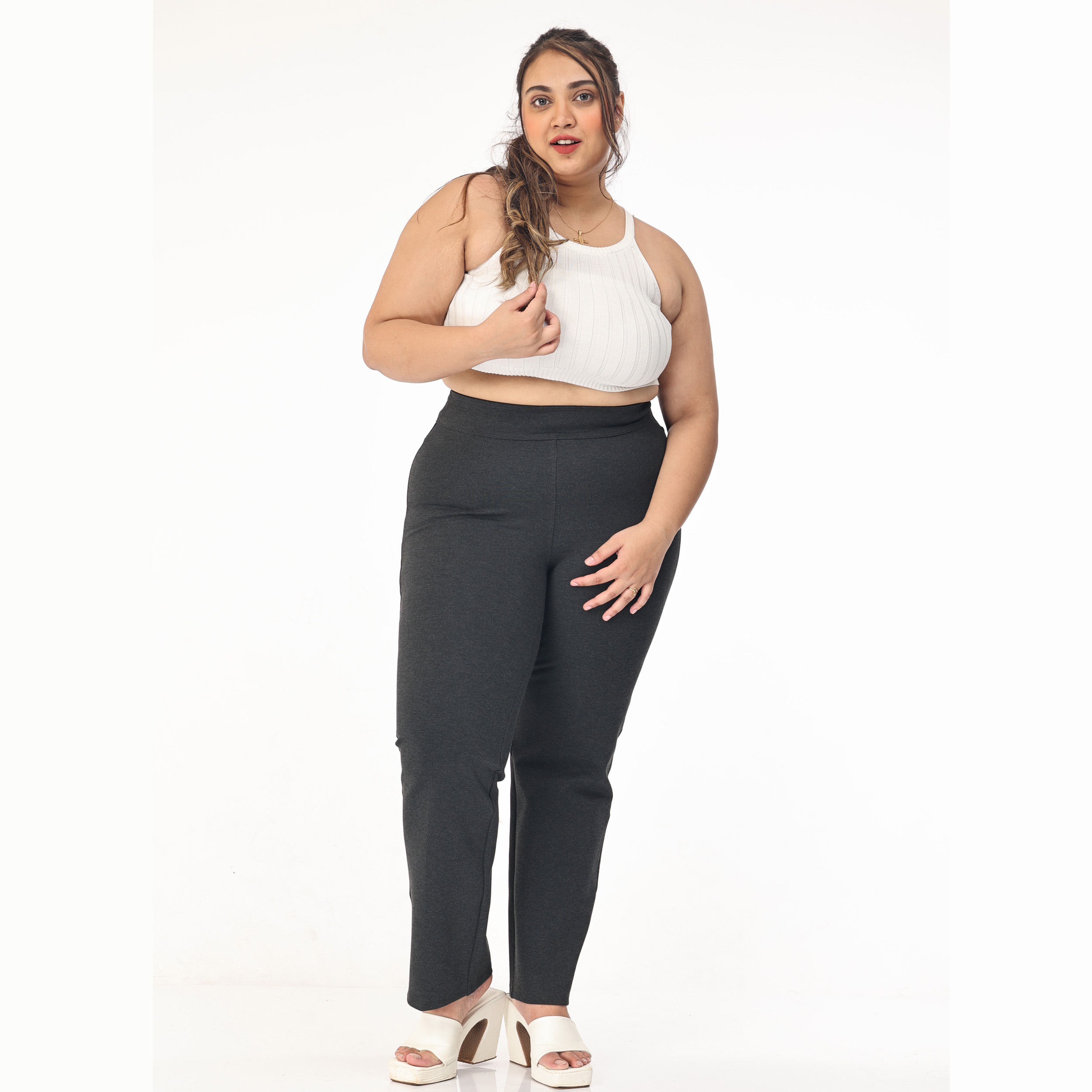 Charcoal grey trousers women Plus size-Straight leg 2bk pockets