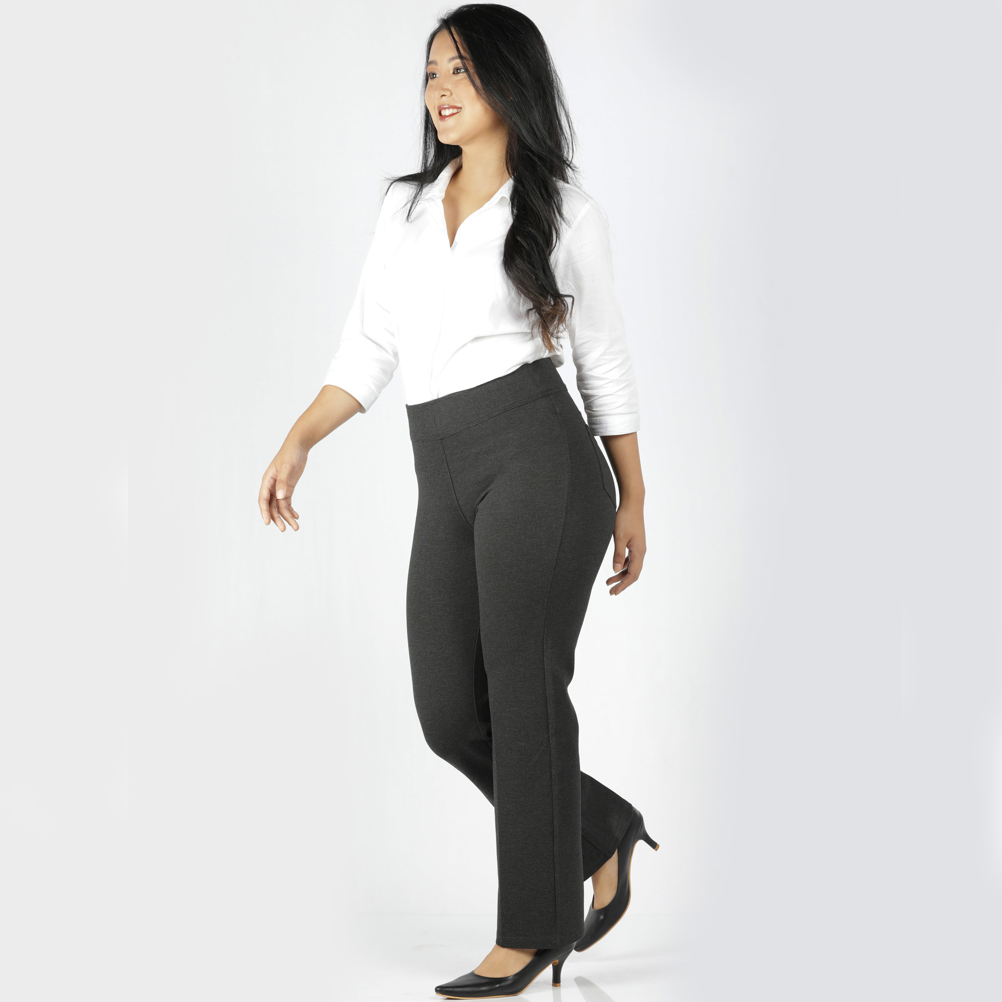 Charcoal grey pants women's - Tummy tucker straight leg-2 bk pkts