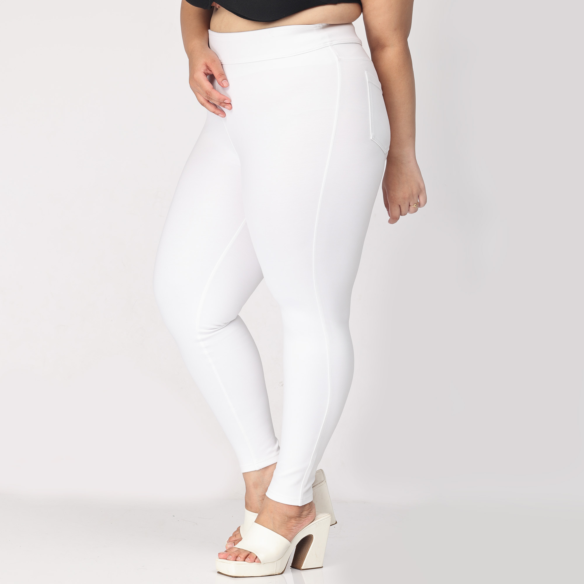 Women white jeggings Plus size compression pant 2 bk pockets - Belore Slims