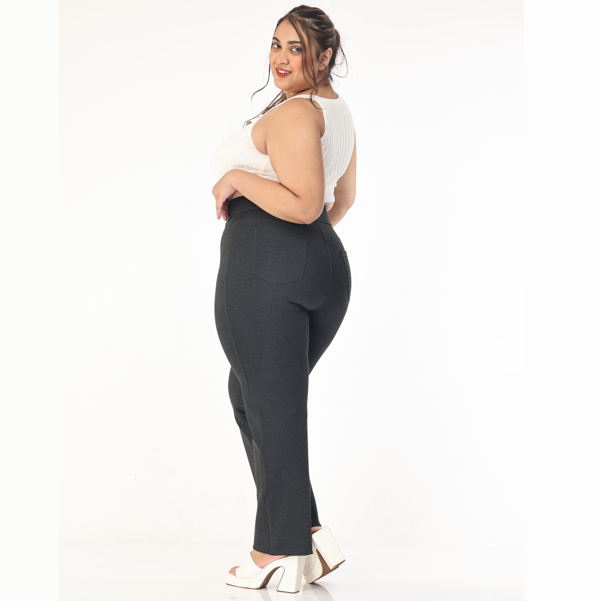 Charcoal grey trousers women Plus size-Straight leg 2bk pockets - Belore  Slims