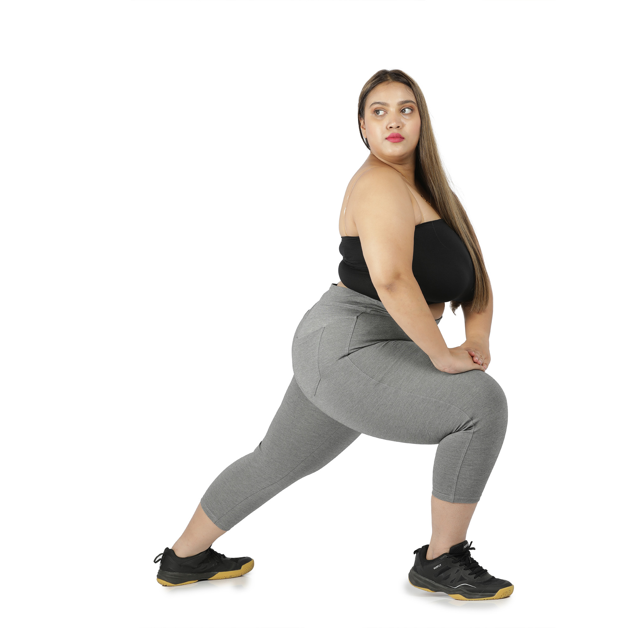 Grey capris women gym wear High waist 2 back pockets - Belore Slims
