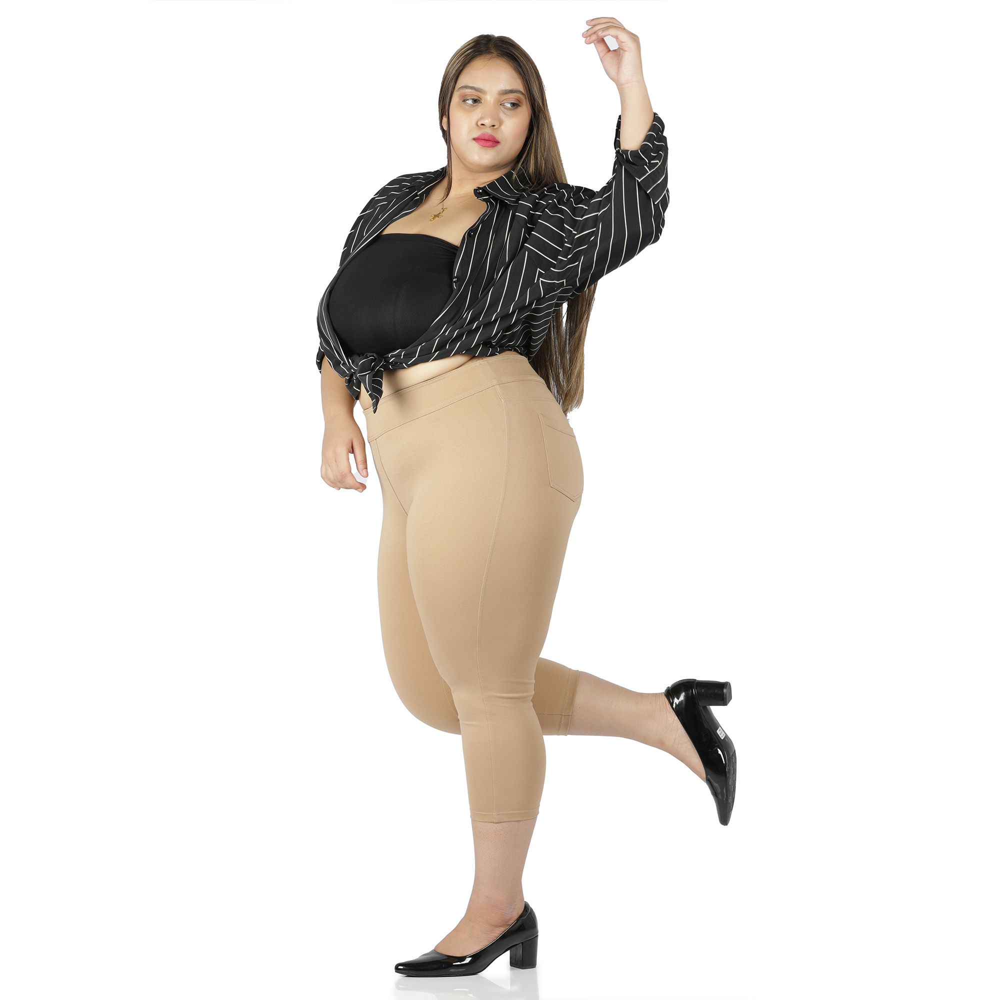 Khaki capris women gym wear High waist 2 back pockets - Belore Slims