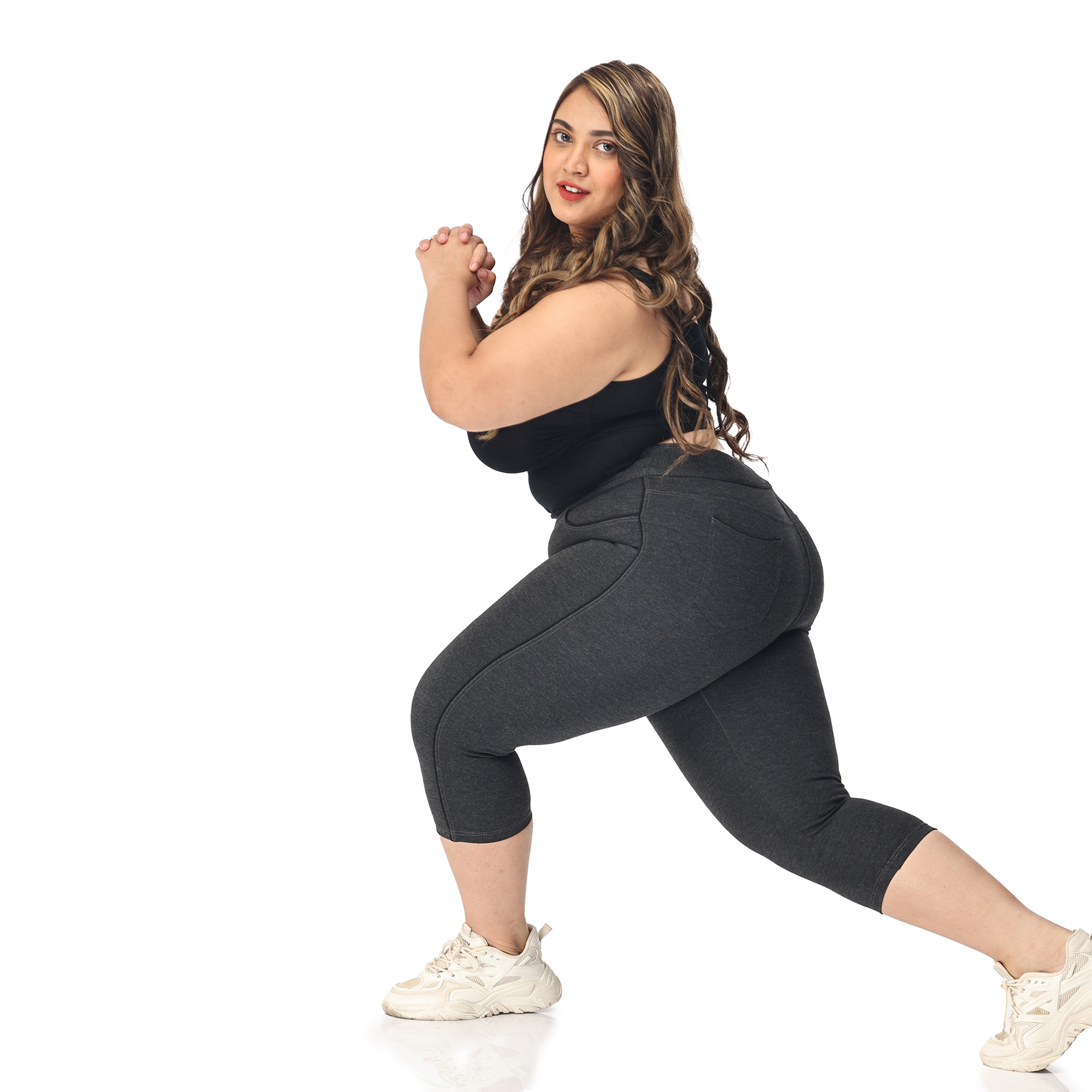 Charcoal grey capris with piping women gym wear Low rise - Belore